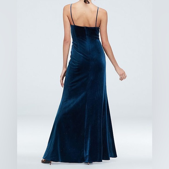 David’s Bridal Dark Blue Shimmer Velvet Faux Wrap Sleeveless Bridesmaid Gown - Picture 7 of 14